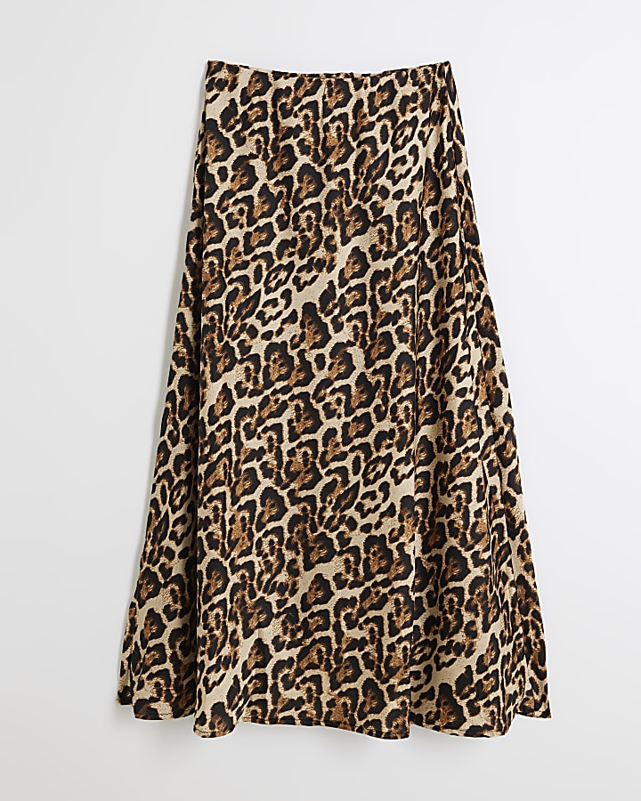 Beige Leopard A-Line Maxi Skirt