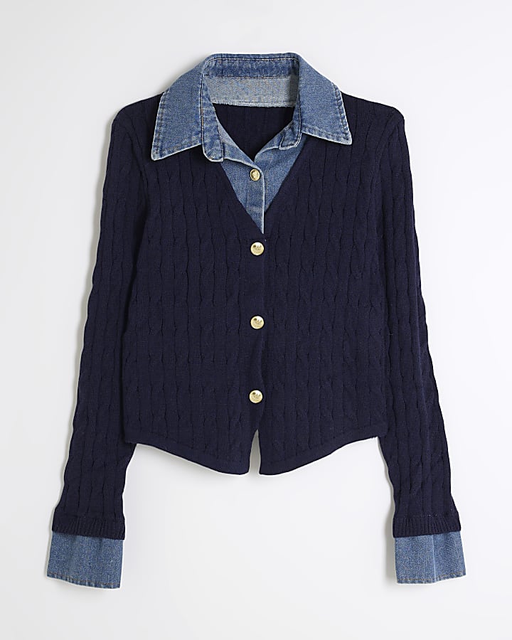 Blue Denim Shirt Knitted Cardigan