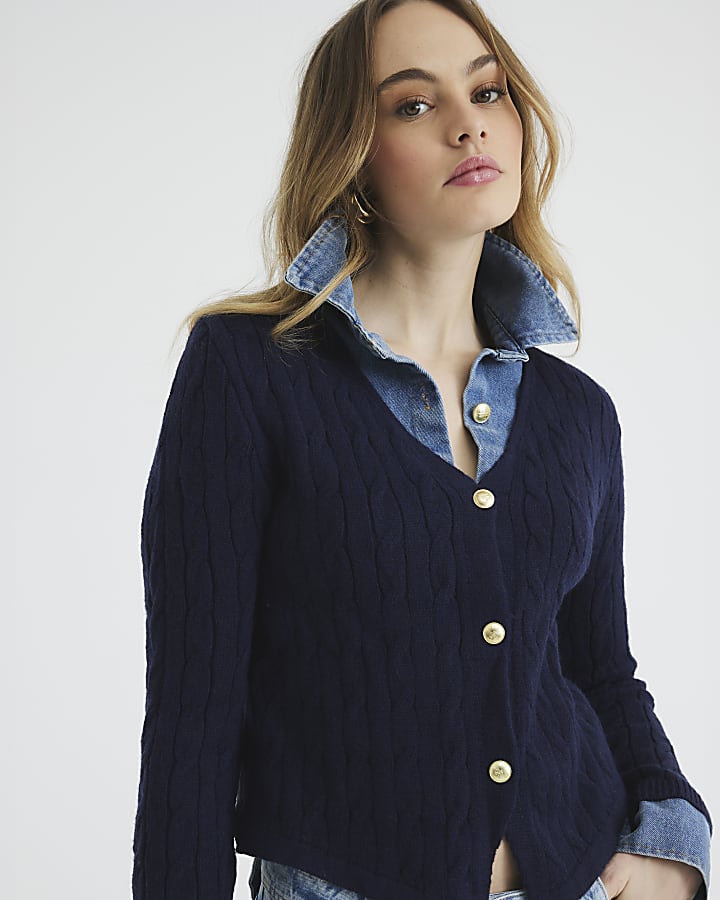 Blue Denim Shirt Knitted Cardigan