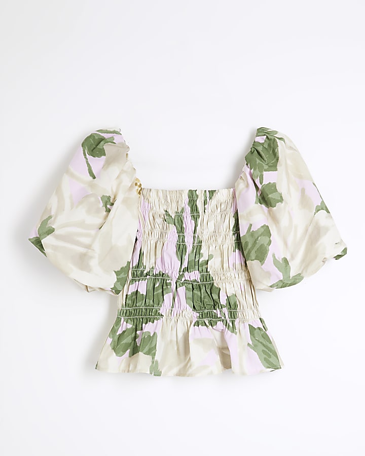 Pink And Green Puff Sleeve Floral Shirred Top