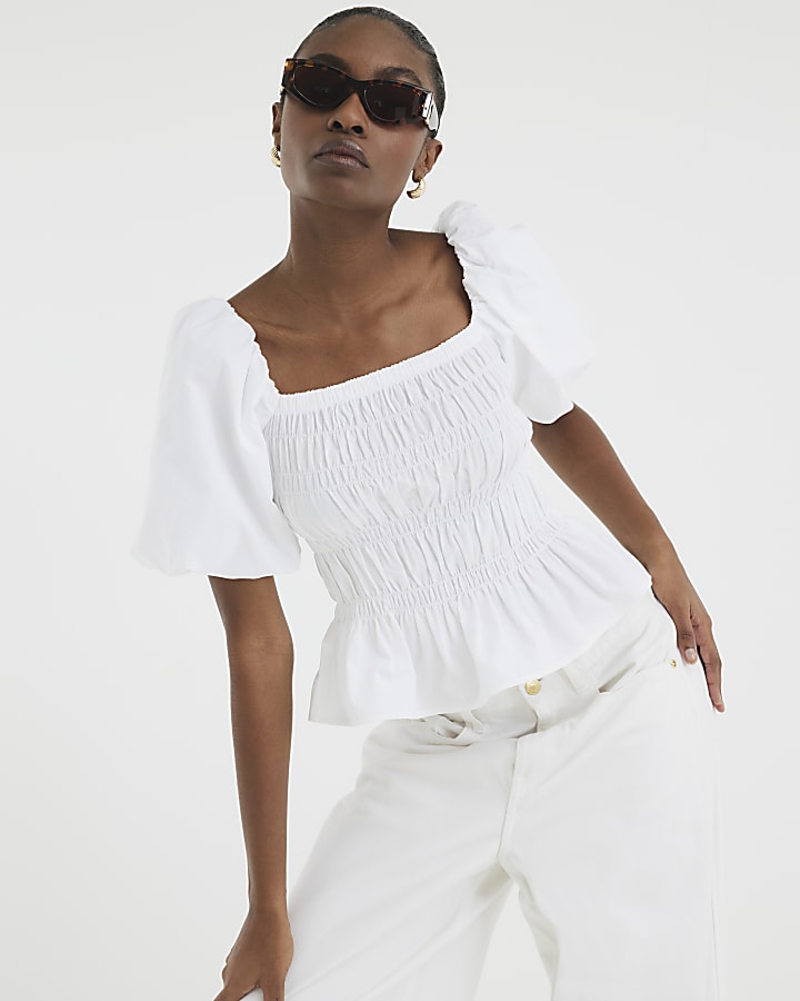 White Puff Sleeve Shirred Top