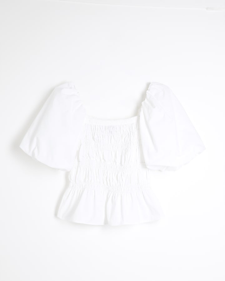 White Puff Sleeve Shirred Top