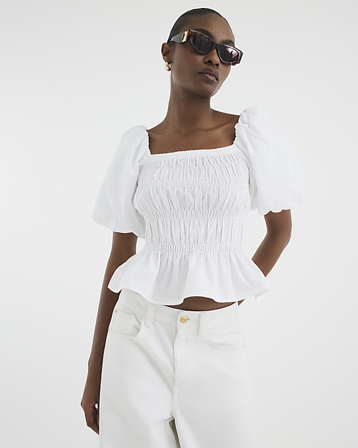 White Puff Sleeve Shirred Top