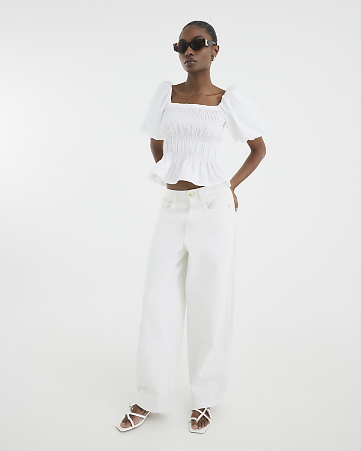 White Puff Sleeve Shirred Top