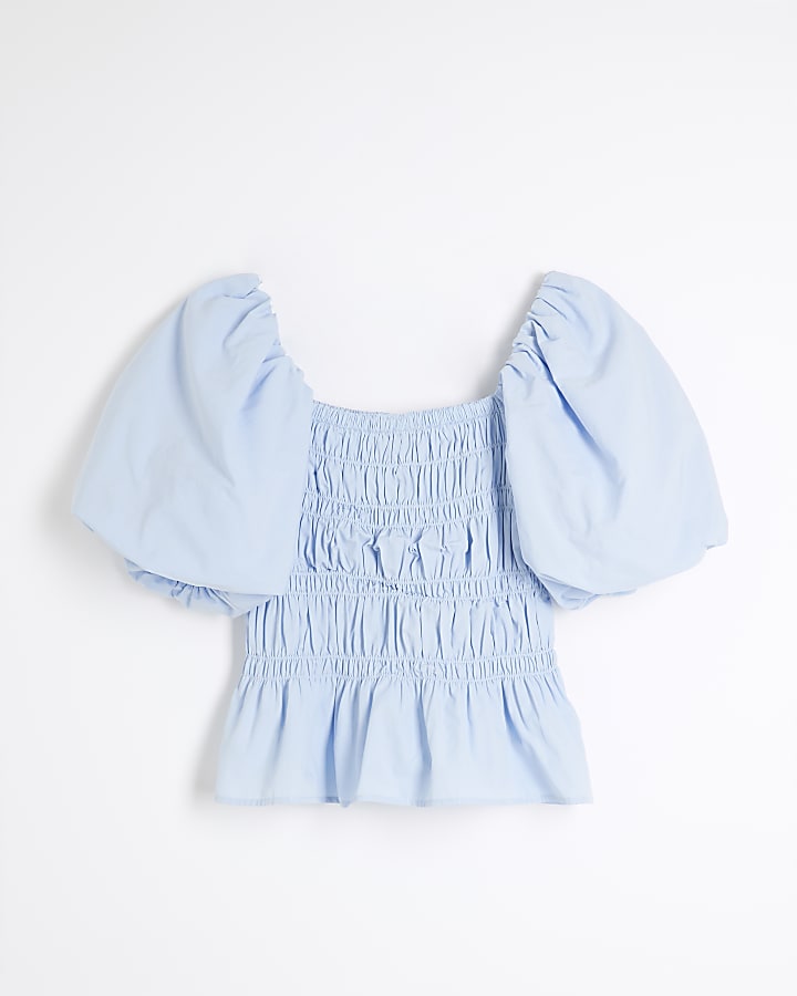 Blue Puff Sleeve Shirred Top