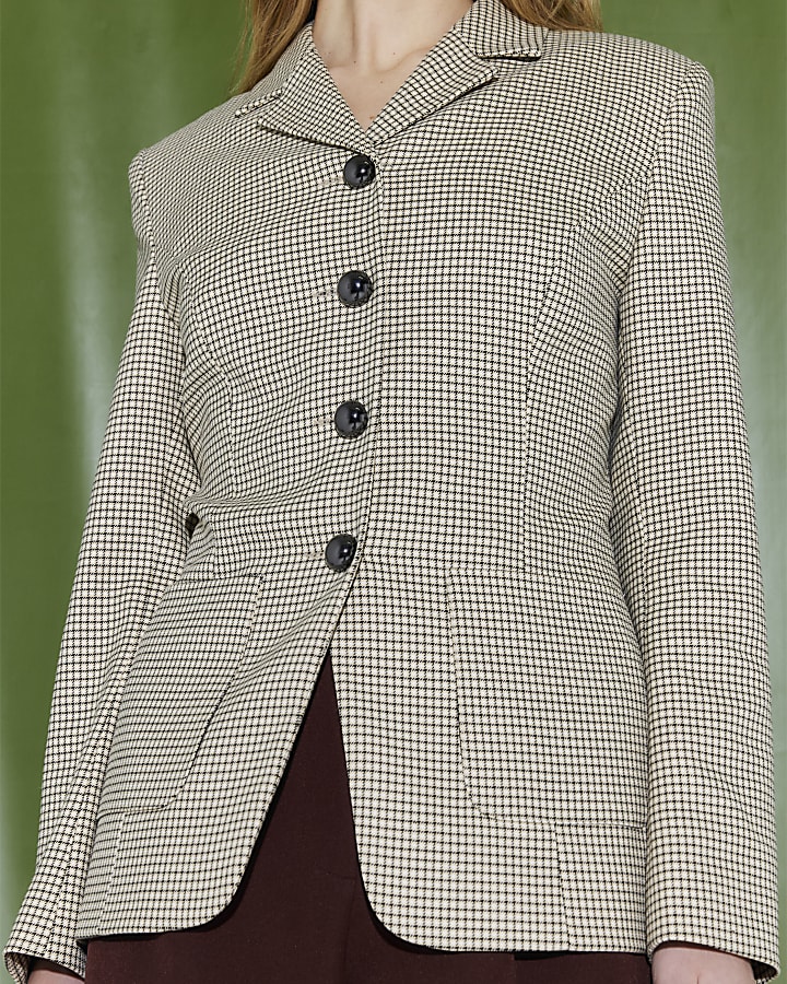 Beige Check High Neck Fitted Blazer