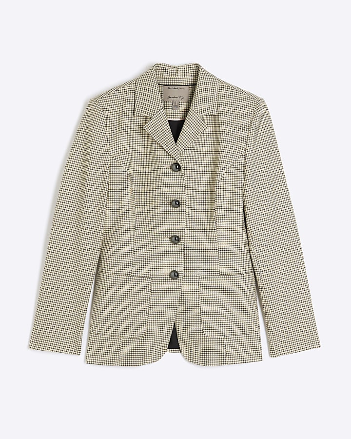 Beige Check High Neck Fitted Blazer