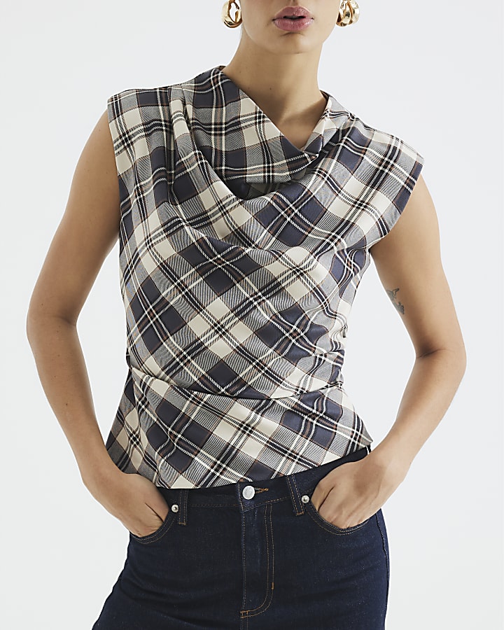 Brown Check Draped Tailored Top