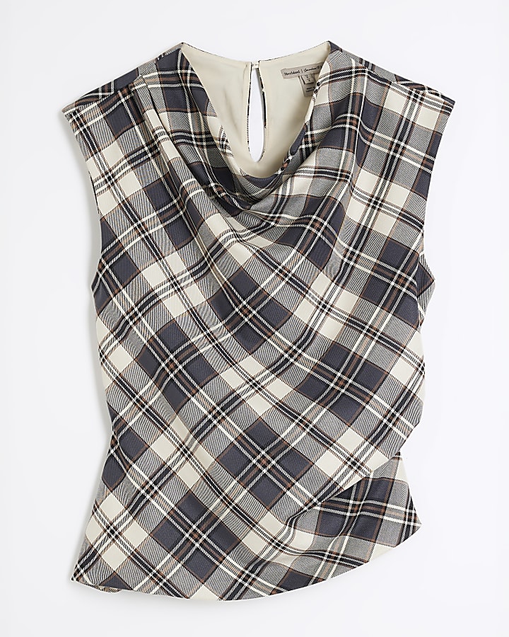 Brown Check Draped Tailored Top