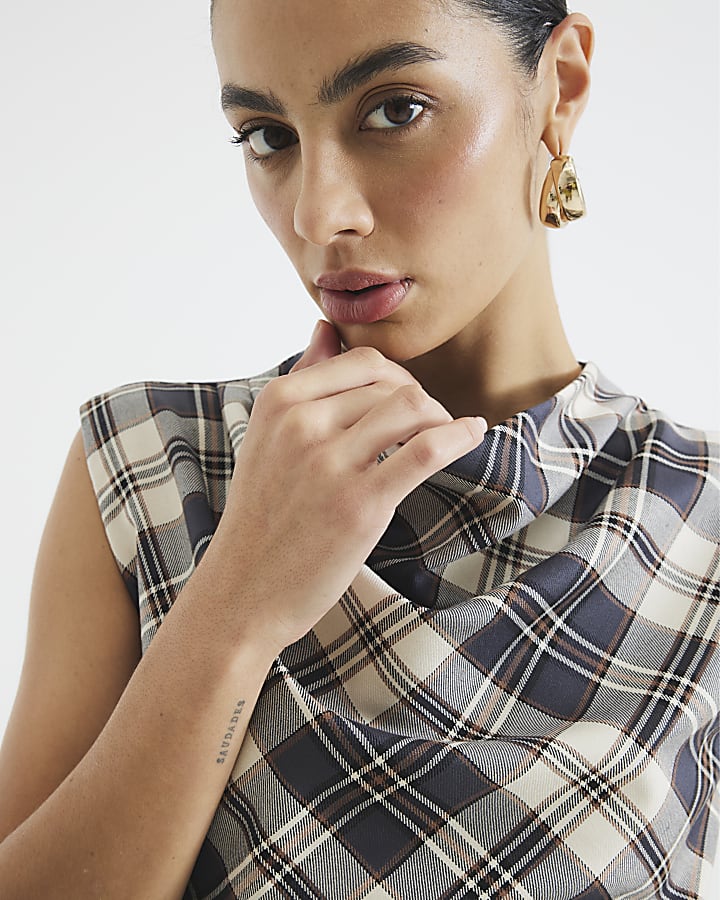 Brown Check Draped Tailored Top