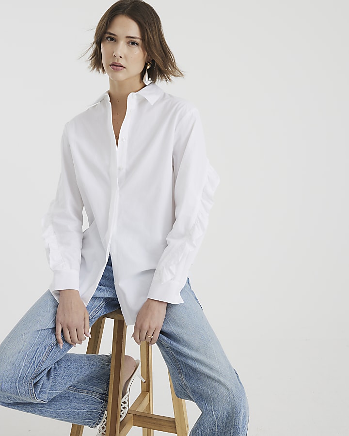 White Long Sleeve Premium Ruffle Back Shirt