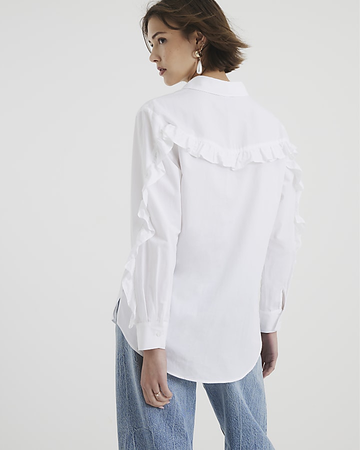 White Long Sleeve Premium Ruffle Back Shirt