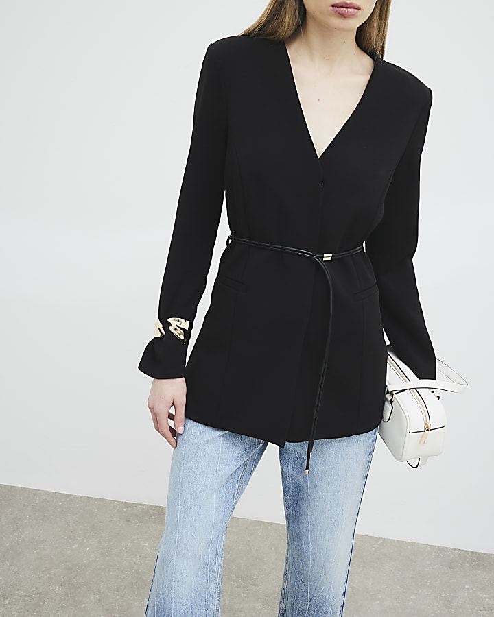 Black Long Sleeve Belted Blazer