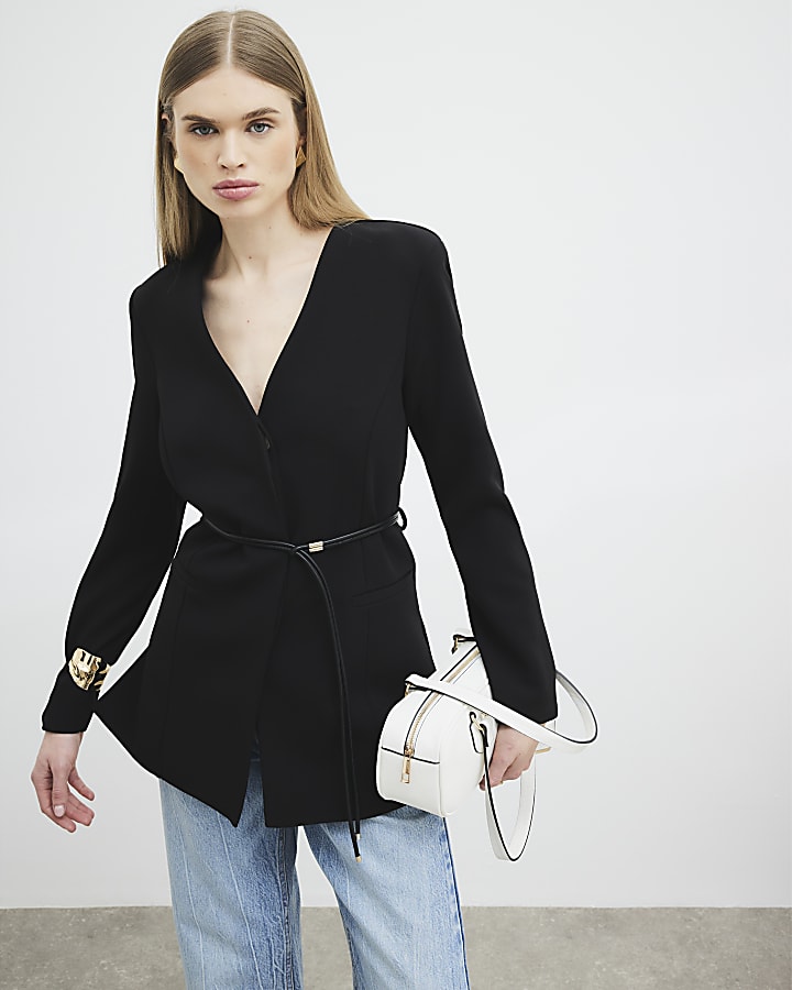 Black Long Sleeve Belted Blazer