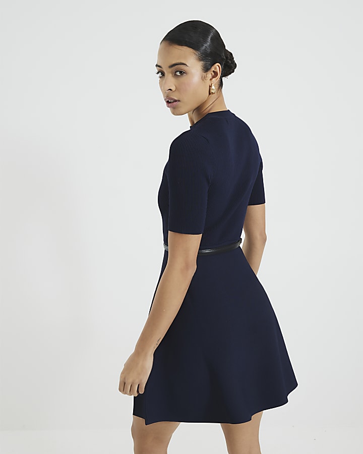 Navy Short Sleeve Belted Mini Jumper Dress