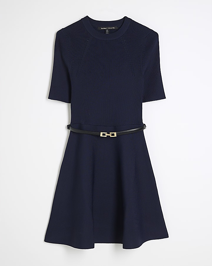 Navy Short Sleeve Belted Mini Jumper Dress