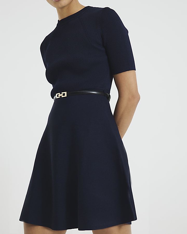 Navy Long Sleeve Belted Mini Jumper Dress