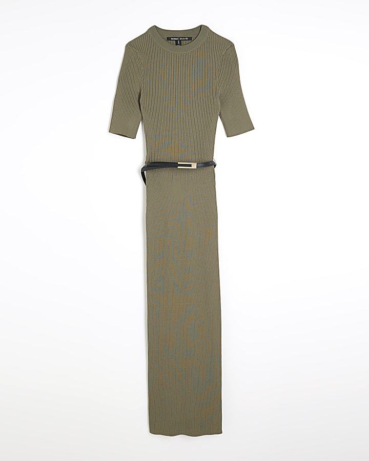 Khaki Short Sleeve Belted Midi Jumper Dress