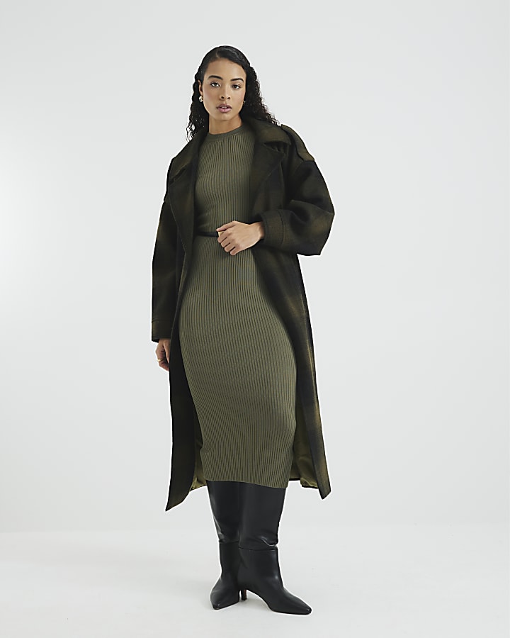 Khaki Short Sleeve Belted Midi Jumper Dress