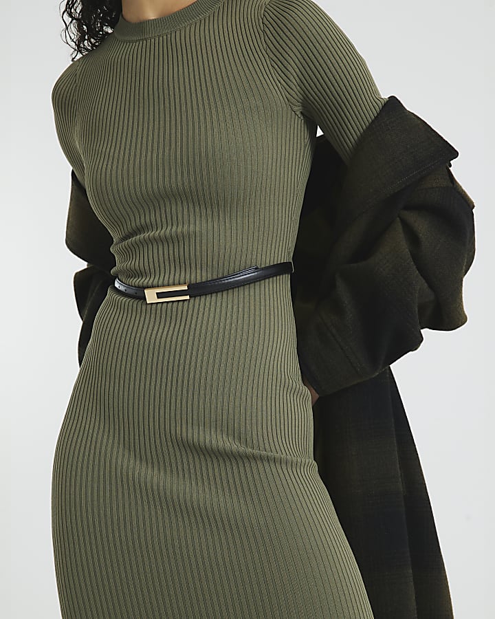 Khaki Long Sleeve Belted Midi Jumper Dress