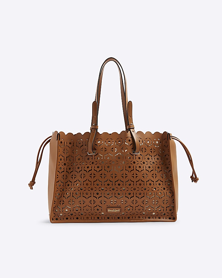 Brown Laser Cut Large Tote Bag