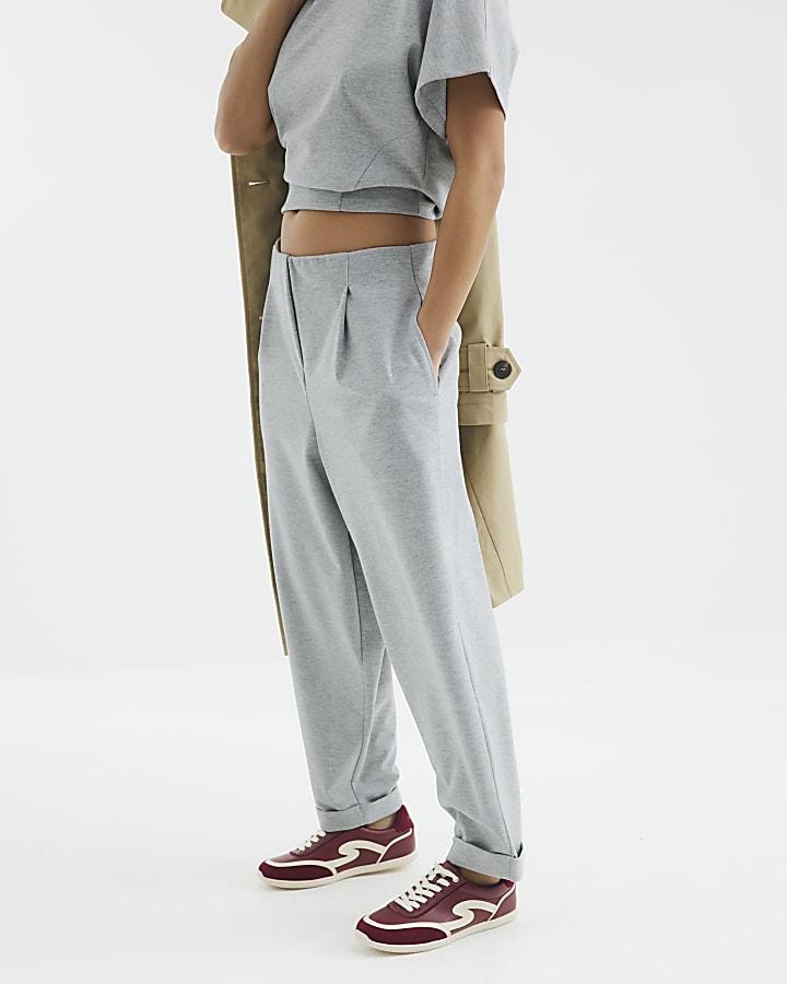 Petite Grey Barrel Leg Pleat Front Trousers