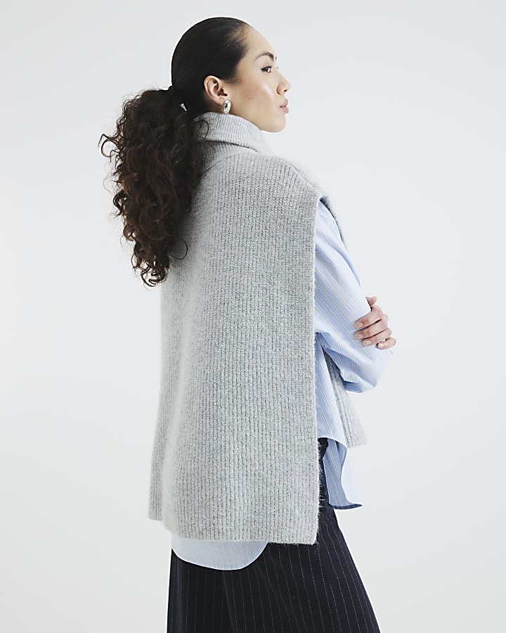 Grey Sleeveless Zip Funnel Neck Poncho