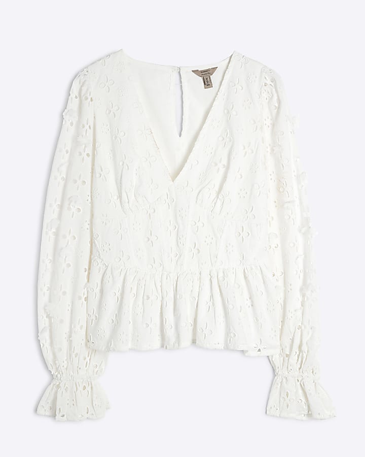 White Long Sleeve Broderie Peplum Blouse