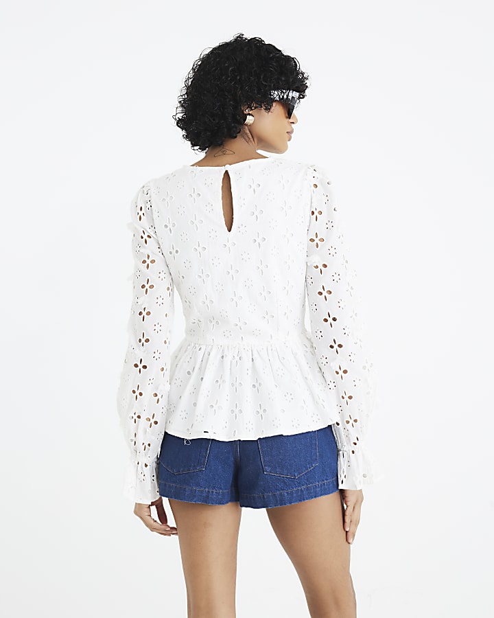 White Long Sleeve Broderie Peplum Blouse