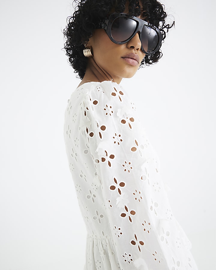 White Long Sleeve Broderie Peplum Blouse