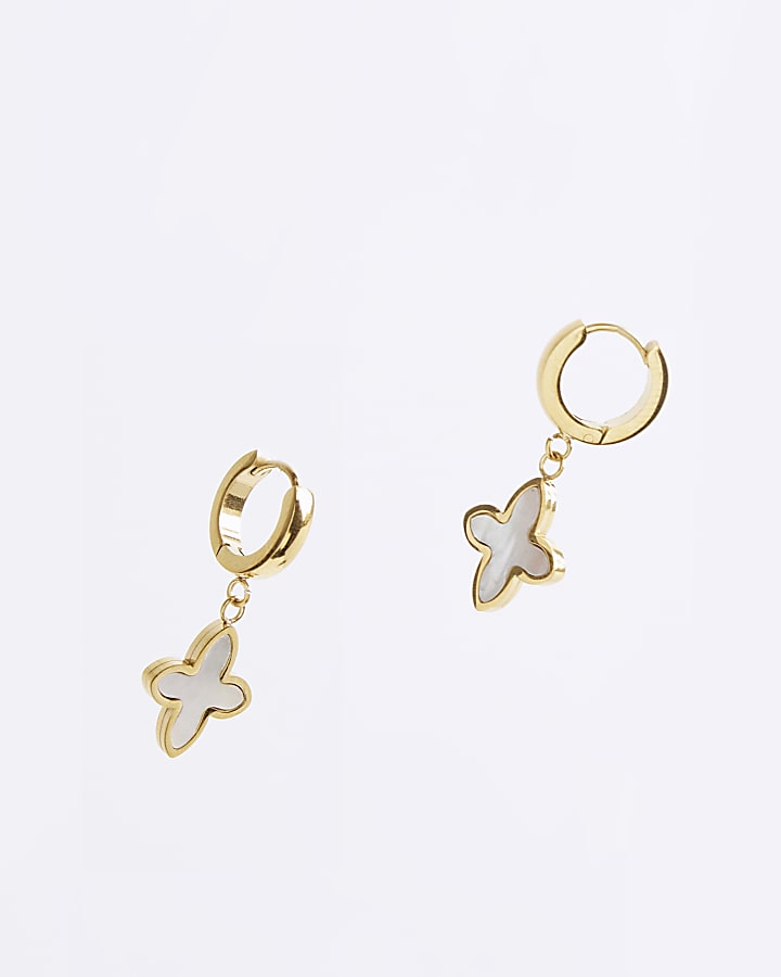 White Pearl Clover Drop Hoop Earrings