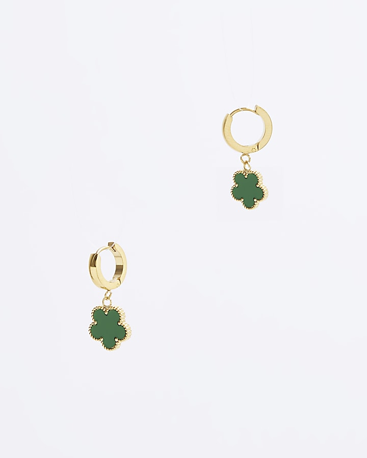 Green Flower Drop Hoop Earrings