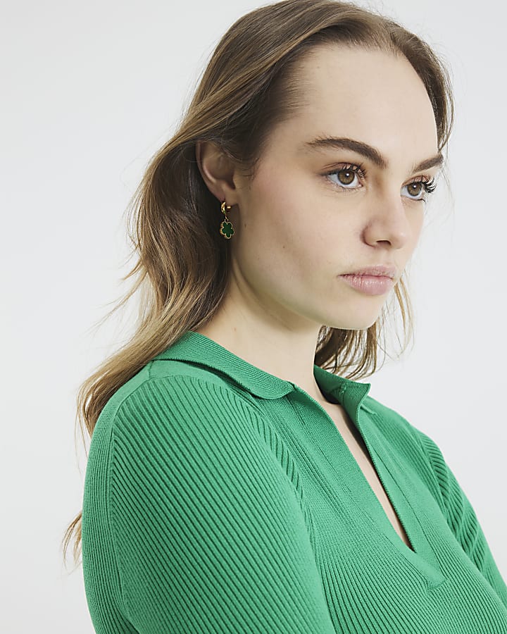 Green Flower Drop Hoop Earrings