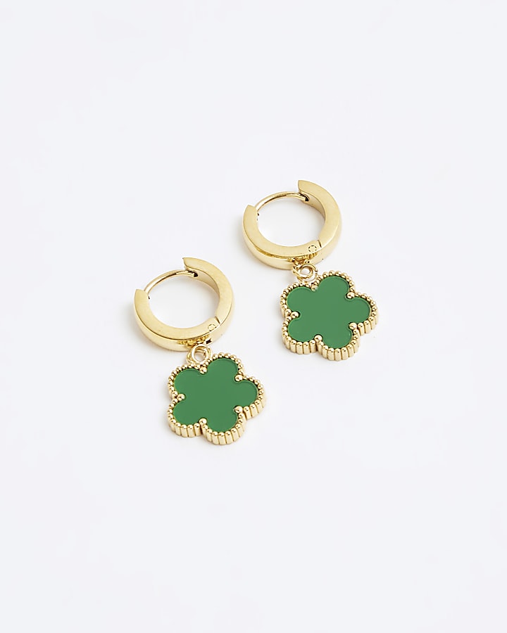 Green Flower Drop Hoop Earrings