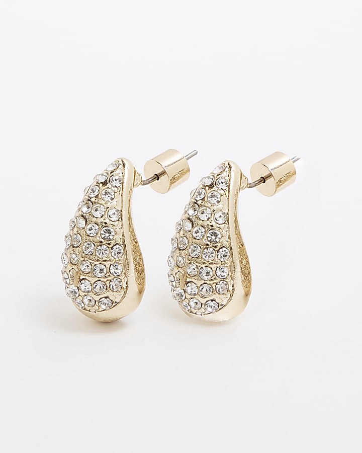 Gold Diamante Paved Teardrop Earrings