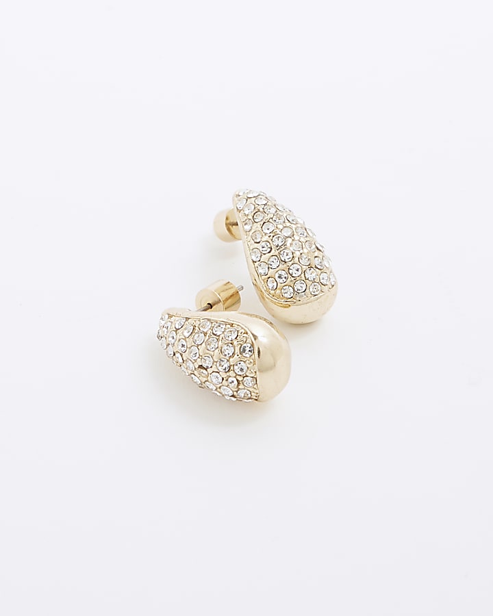 Gold Diamante Paved Teardrop Earrings