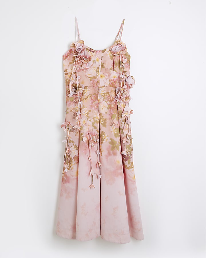 Pink 3D Floral Midi Dress