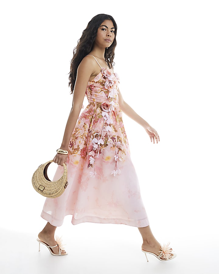 Pink 3D Floral Midi Dress