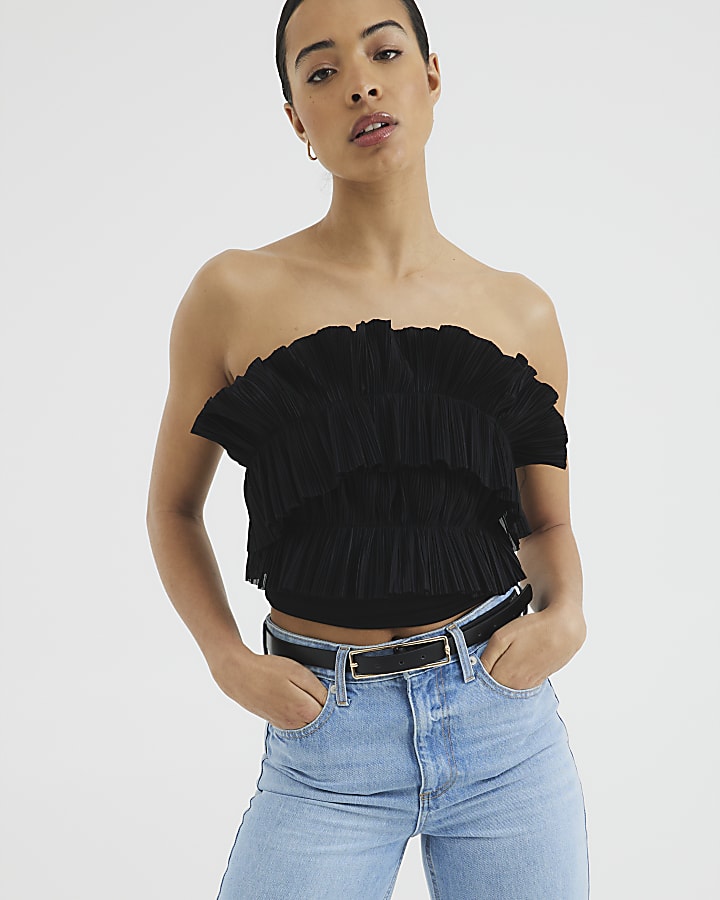 Black Plisse Ruffle Bandeau Top