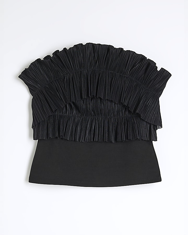 Black Plisse Ruffle Bandeau Top