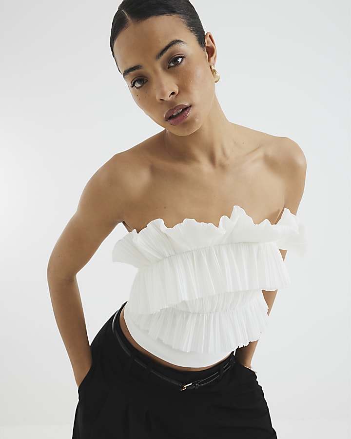 White Plisse Ruffle Bandeau Top