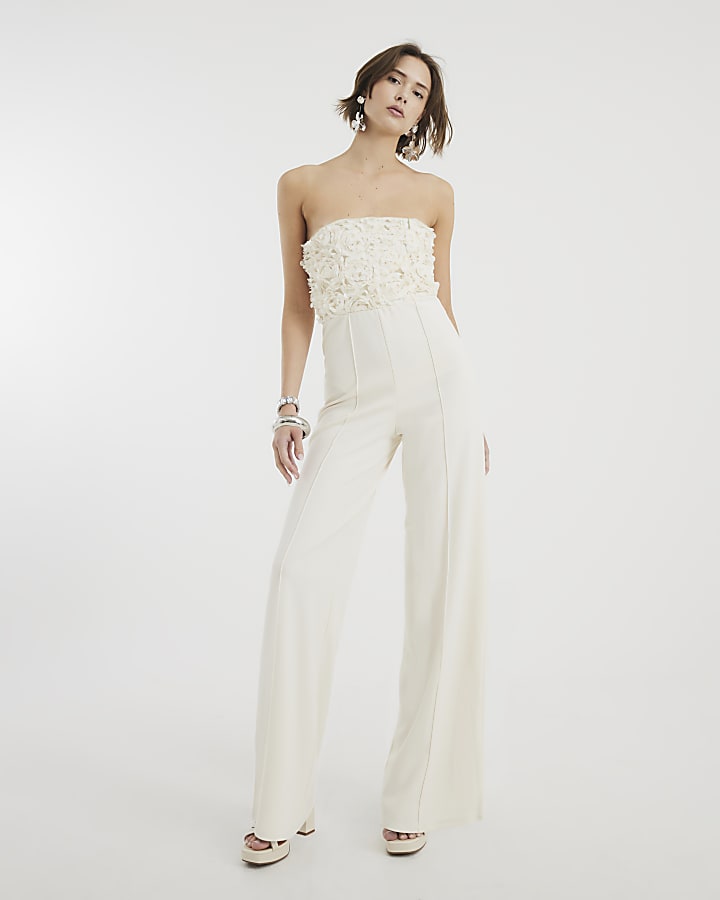 Cream Sleeveless 3D Petals Bandeau Jumpsuit