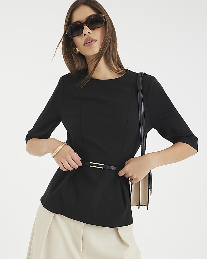 Black Short Sleeve Belted Top