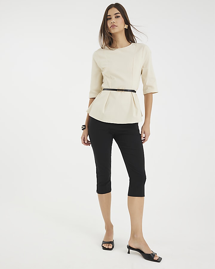 Beige Short Sleeve Belted Top
