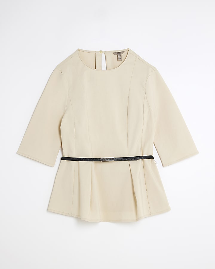 Beige Short Sleeve Belted Top