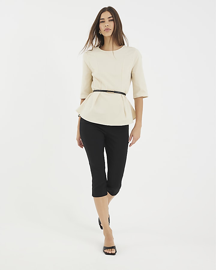 Beige Short Sleeve Belted Top