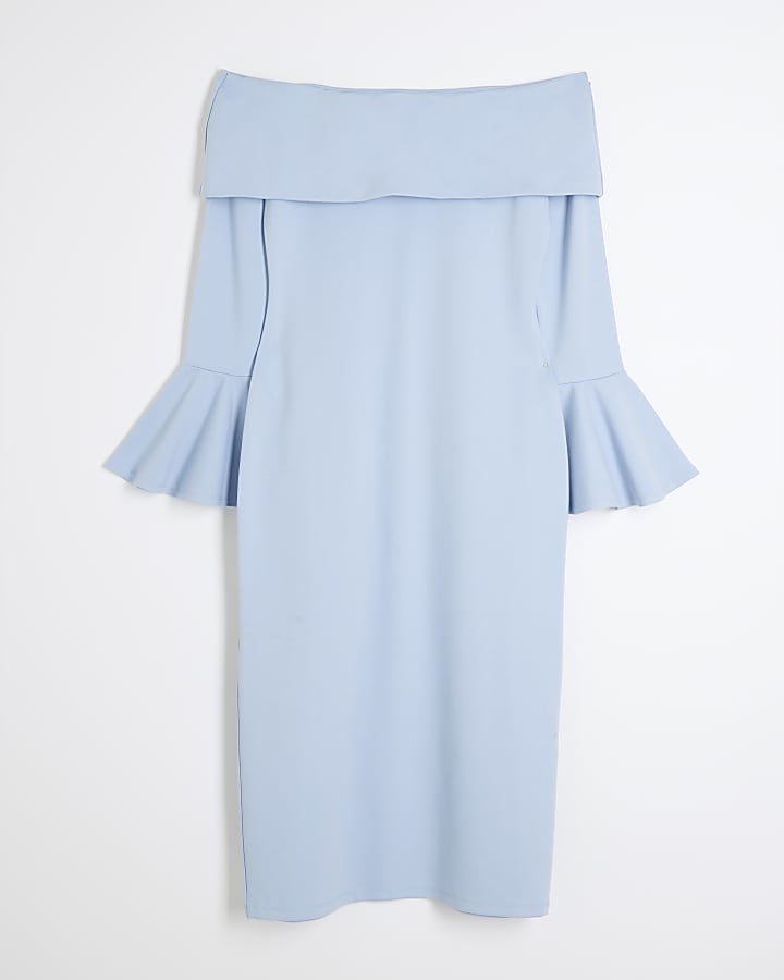 Blue Long Sleeve Bardot Midi Dress