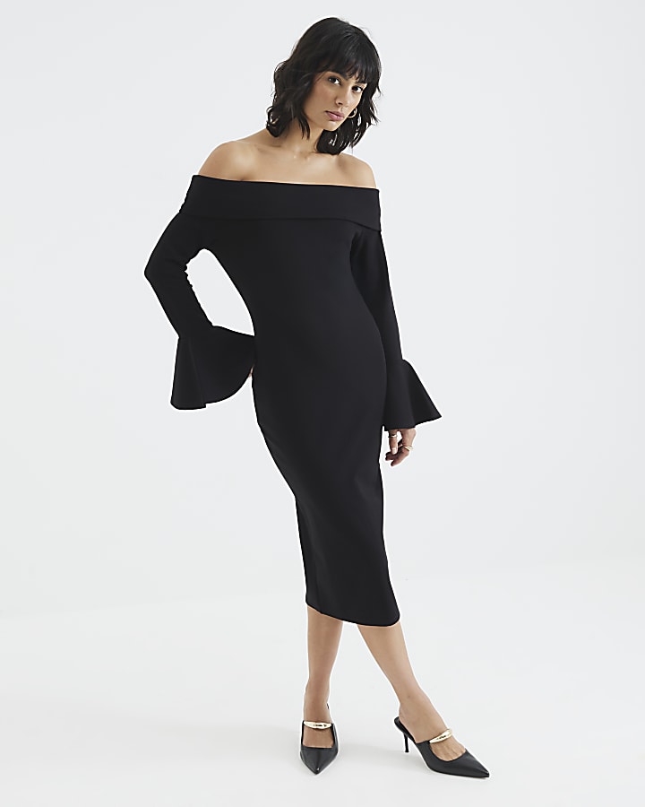 Black Flute Sleeve Bardot Midi Dress