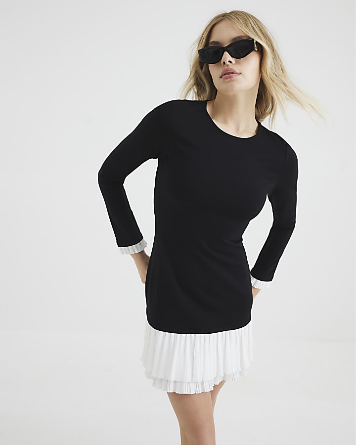 Black Long Sleeve Plisse Frill Hem Mini Dress