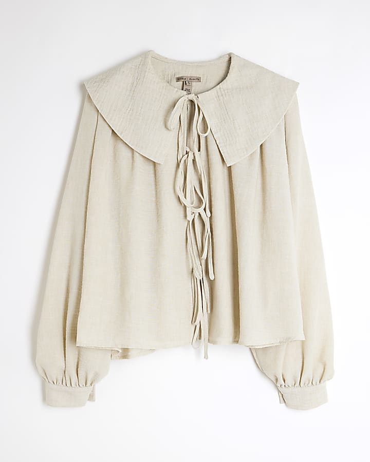 Beige Long Sleeve Collared Blouse